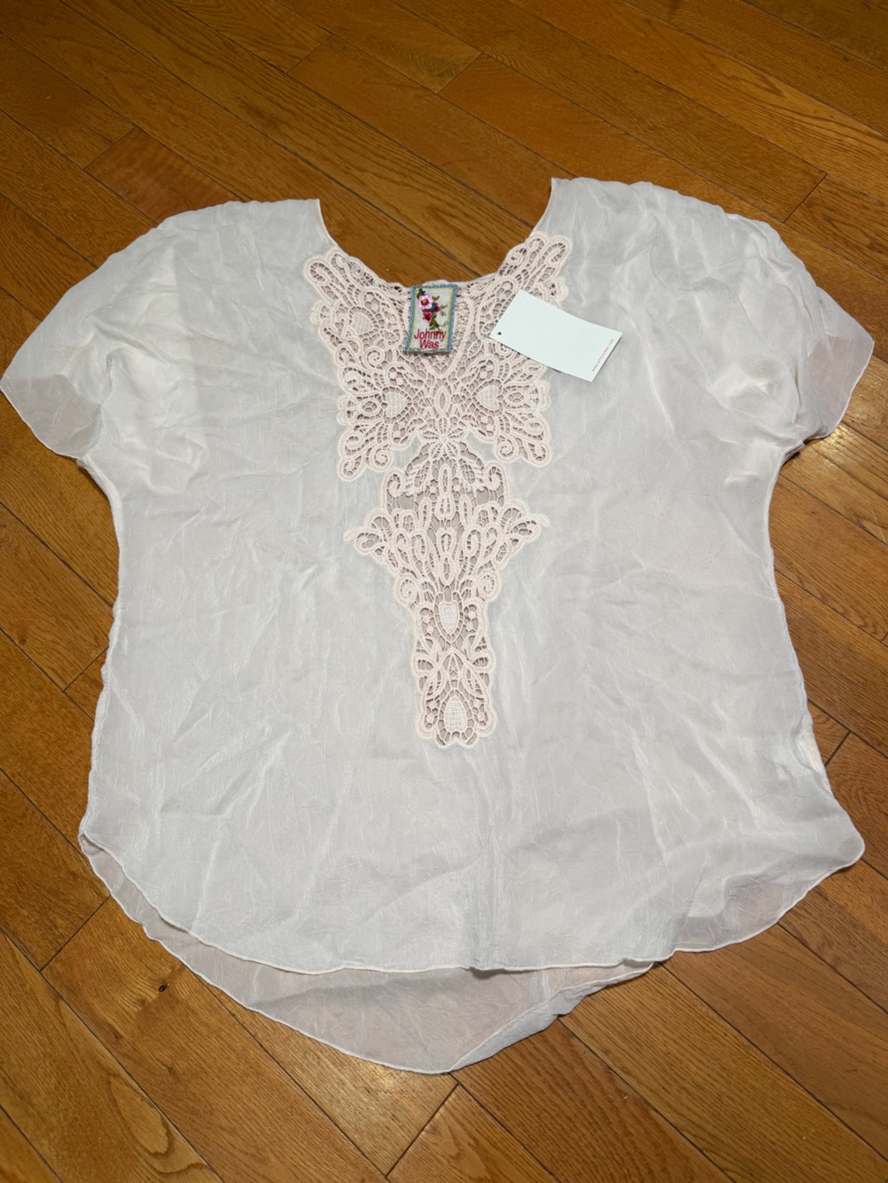 Johnny Was Light Pink Sheer Cupra Rayon Crochet Lace Trim Blouse Top Large
